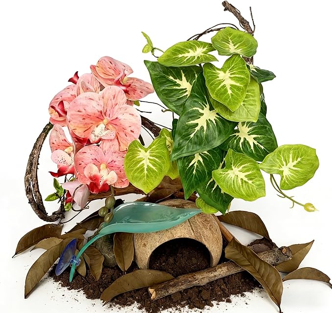 Crested Gecko Terrarium Decor Kit - 5PCS Rainforest Tank Accessories with Coconut Hide, Climbing Vines, Leaf Platform & Artificial Plants - Habitat Enrichment for Humidity & Hiding(Pink)