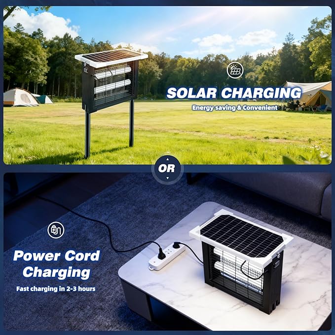 Solar Bug Zapper Outdoor for 2000 sq.ft, Portable Solar Mosquito Zapper with 13 FT Extension Cord, Rechargeable Electric Bug Zapper with High Powered for Patio Garden Backyard RV Camping Pest Control