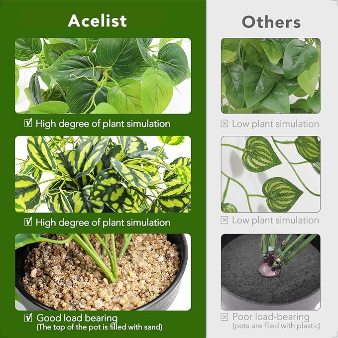 AceList 2 Pack Fake Plants, Artificial Plants for Home Decor Indoor, Realistic Fake Watermelon Leaves with Black Pot for Bedroom Living Room Shelf Outdoor Office Decor