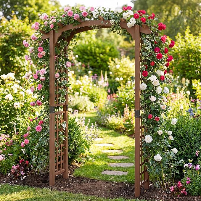 Giantex 7.5FT Wood Garden Arbor Trellis, Wooden Wedding Arch for Ceremony Party, Outdoor Archway Pergola for Climbing Plants, Pathway, Yard, Garden Decor, Easy Assembly (Dark Brown, 63''W x 90''H)