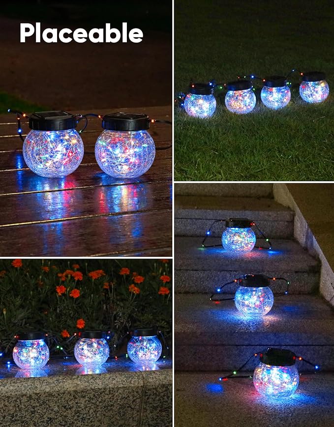 PARTPHONER Solar Lights Outdoor Waterproof 12-Pack, Solar Powered Hanging Lantern Cracked Glass Hanging Globes for Yard Decor Christmas Decoration, Shepherd Hook, Garden Tree Ornaments, RGB