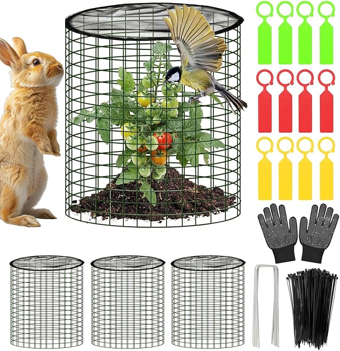 Plant Protector from Animals with Detachable Covers - 4 Pack 16”x 16" Wire Cage Cloches with Ground Stakes and Tools for Protecting Vegetable, Flower, Seedling