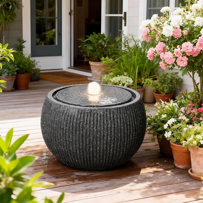 10.6" H Modern Round Outdoor Water Fountain with 3000K LED Lights, Minimalist Sphere Garden Waterfall with Soothing 55dB Sound for Patio, Deck, Porch, Backyard and Zen Indoor Decor