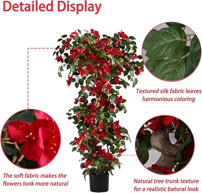 Artificial Bougainvillea Tree -5FT Faux Bougainvillea Tree with Realistic Flowers, Tall Fake Flower Tree for Indoor or Outdoor Decor, Silk Floral Plant for Living Room, Porch, Garden (Red)