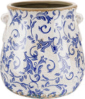 Ceramic Scroll Planter 6.5 Inch Chinoiserie Floral Vase with Drainage Holes Vintage Flower Vase Flower Pot Rustic Ceramic Pots for Indoor Plants Garden Home Bookshelf Decor (Retro Blue)
