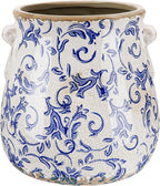 Ceramic Scroll Planter 6.5 Inch Chinoiserie Floral Vase with Drainage Holes Vintage Flower Vase Flower Pot Rustic Ceramic Pots for Indoor Plants Garden Home Bookshelf Decor (Retro Blue)