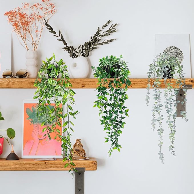 Fake Hanging Plants, 3pcs Artificial Small Potted Plants Fake Potted Greenery Faux Eucalyptus Mandala Vine Pea Pod for Home Indoor Outdoor Wall Garden Wedding Decoration