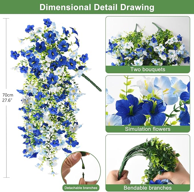 Artificial Fake Flowers Plants for Outdoor Spring Summer Decoration,2 PCS Faux Silk Morning Glory with Eucalyptus Leaves,UV Resistant Realistic Outdoor Flowers for Balcony Porch Patio Yard Garden
