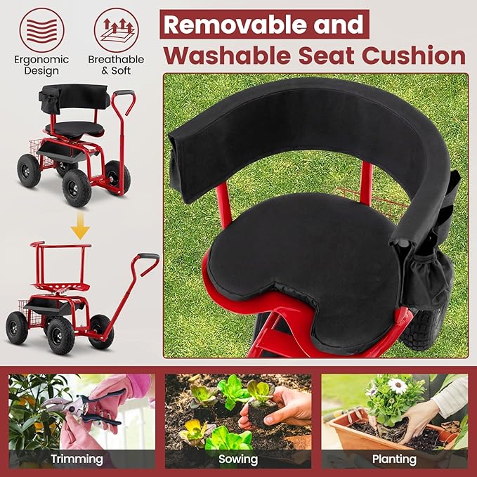 Goplus Garden Seat with Wheels, Rolling Gardening Stool with Adjustable 360° Swivel Seat, Tool Tray & Storage Basket, Extendable Handle, Outdoor Gardening Scooter, Garden Cart Workseat for Seniors