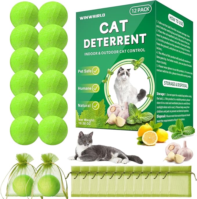 Cat Deterrent Outdoor, 12 Pack Natural Peppermint Oil Cat Deterrent Indoor for Home Against Scratch and Chew Furniture Plants Pet Safe, Keep Stray Feral Cats Out of Yard Garden Lawn
