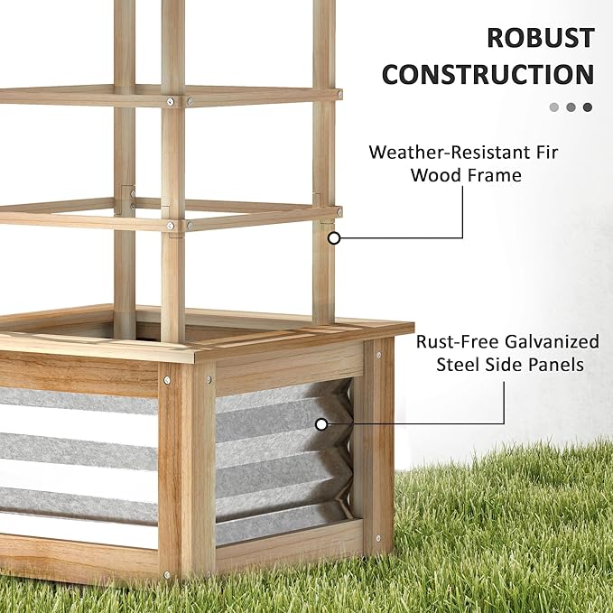 Outsunny Raised Garden Bed with Trellis, Wooden Planter Box with Galvanized Steel Sides, Raised Flower Bed for Climbing Plants, Flowers, Fruits and Vegetables, Natural Wood