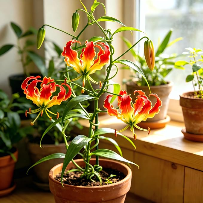 CarpetC 30+ Flame Lily Seeds for Planting, Gloriosa superba Glory Lily Climbing Vine with Unique Recurved Petals, Non-GMO Heirloom for Outdoor Garden Trellises Indoor Containers
