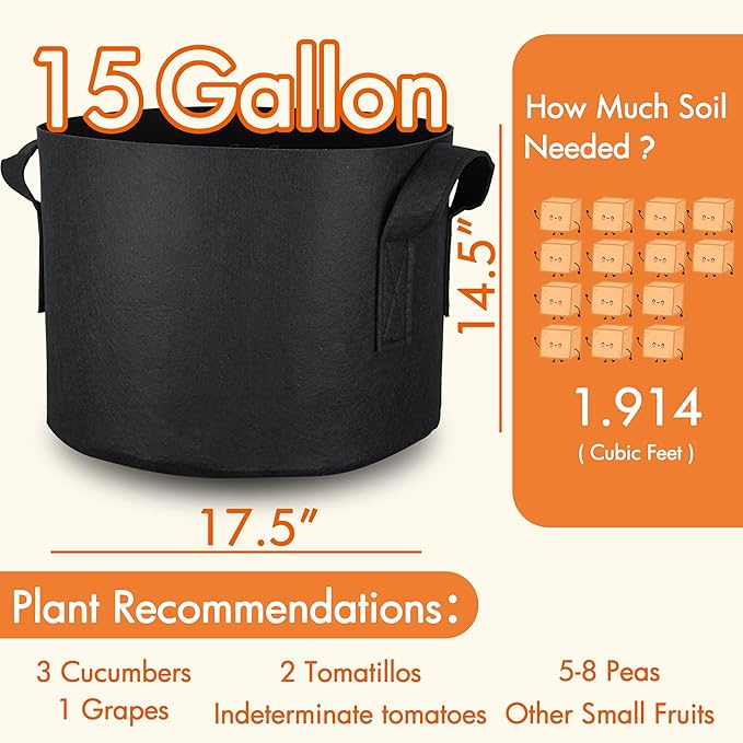 Gardzen 10-Pack 15 Gallon Grow Bags, 300G Thickened Fabric Grow Bags with Handles, Heavy Duty Aeration Plant Grow Bags