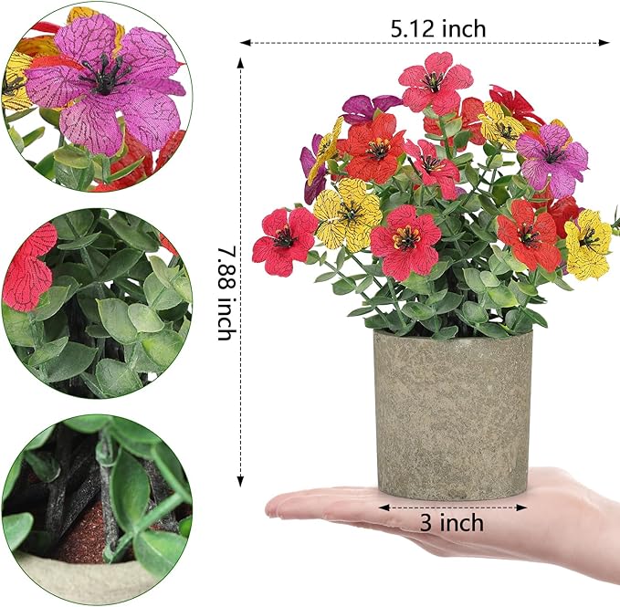 2 Pack Small Fake Plants Potted Artificial Plants Artificial Flowers Potted Faux Flower Daisy with Eucalyptus Leaves for Home Decor Office Room Farmhouse Indoor Table Bathroom Decor（Colorful）