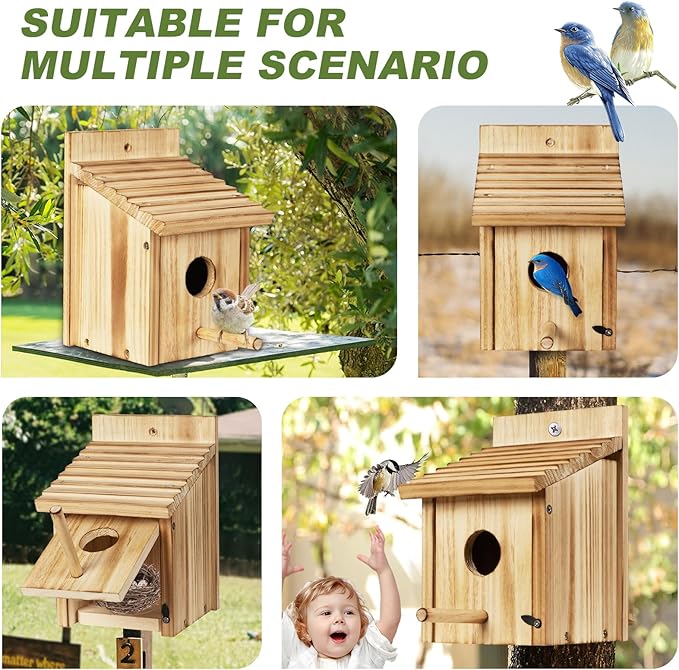 NATUREYLWL Outdoor Wooden Bird House, Birdhouse DIY Assembly Kit, Durable Bluebird Nesting Box with Cleaning Door, Weather-Resistant Garden Decor for Small Wild Birds