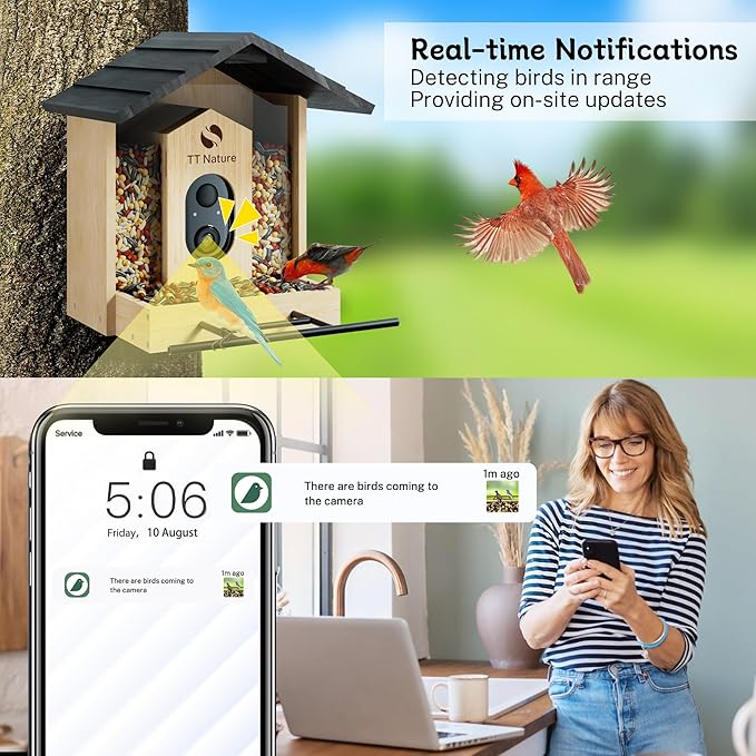 TT Nature Bird Feeder with Camera, Upgraded 1.5L Smart Bird Feeder with AI Identify for 10000+, Auto Capture & Real-time Notifications, Ideal Gift for Christmas (Wooden Roof)