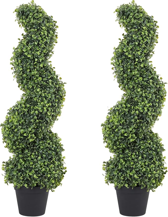 THE BLOOM TIMES 3ft Tall Spiral Topiary Trees Artificial Outdoor Set of 2, 36 Inch UV Resistant Large Faux Evergreen Fake Boxwood Plants for Front Porch Outside Planter Entryway Entrance Decor 3 Foot