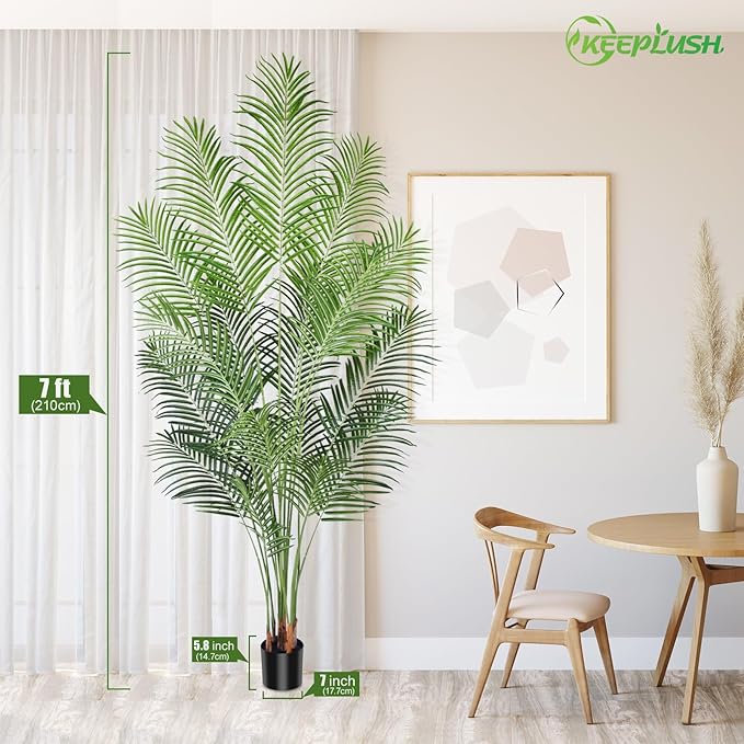 Artificial Palm Tree 7ft Tall Fake Palm Tree Indoor Decor with 18 Leaves and Real Bark Design Faux Tropical Areca Palm Silk Floor Plant in Pot for Home Office Living Room Bedroom Decor 1pcs