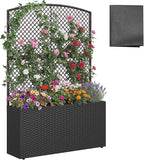 Happygrill Raised Garden Bed with Trellis, 58" Wicker Planter Box with Privacy Screen, Liner, Drainage for Patio Balcony, Outdoor PE Rattan Elevated Garden Bed for Climbing Plant Vine Flower (Black,1)