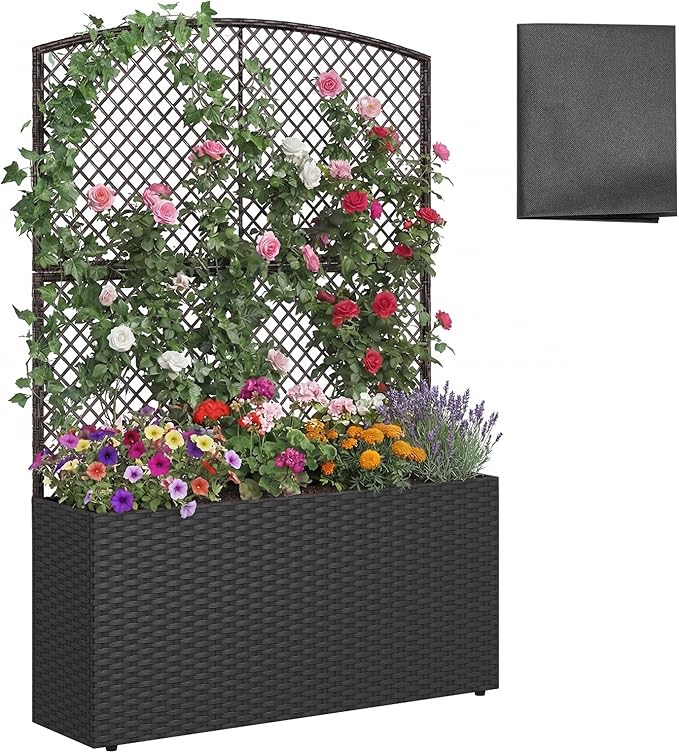 Happygrill Raised Garden Bed with Trellis, 58" Wicker Planter Box with Privacy Screen, Liner, Drainage for Patio Balcony, Outdoor PE Rattan Elevated Garden Bed for Climbing Plant Vine Flower (Black,1)
