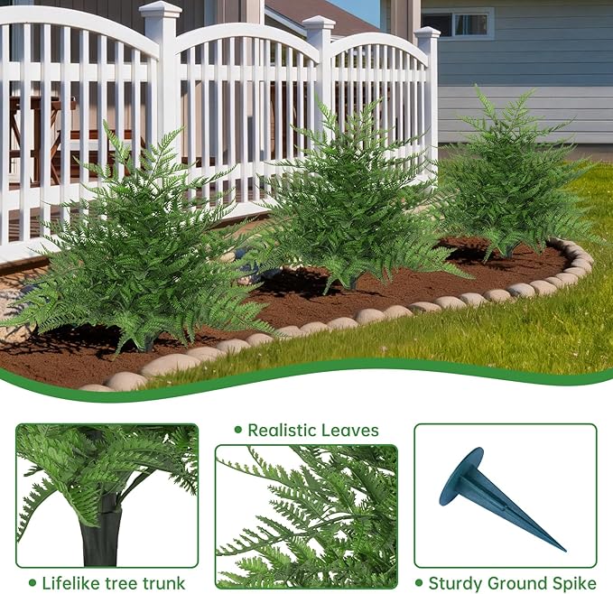 2Pcs Artificial Fern Topiary Trees, Fake Shrubs with Ground Spike, Faux Bushes for Porch Plants, UV Resistant Artificial Evergreen for Outdoors Indoor Front Garden
