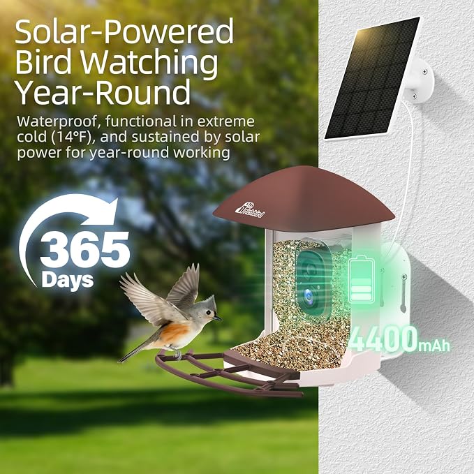 Smart Bird Feeder with Camera Solar Powered, 2.5K HD Birdwatching Camera with Free AI Bird Identification, Instant Notifications & Auto Video Capture, for Dad Granpa Birdlovers, Brown