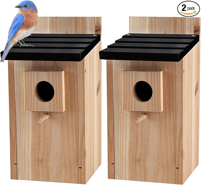 CARTMAN 0.5 Inch Thick Blue Bird Box House, Wood Bird Houses for Outside, Hummingbird House for Outside Clearance Garden Country Cottages, 2PK
