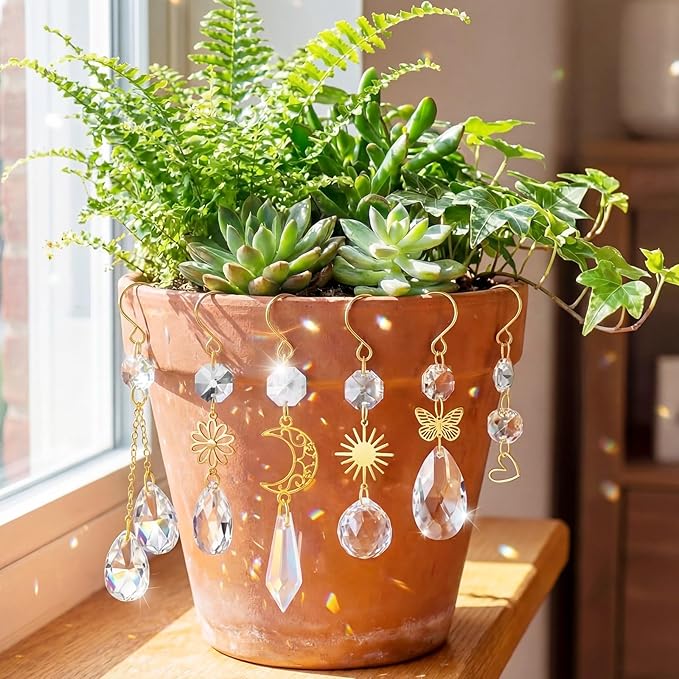 MTLEE 6 Pcs Crystal Suncatchers Plant Decorations Charms Hanging Prisms for Window Indoor Garden Plant Pot Holder Hanger Tree Vine Home Chandeliers Outdoors(Fresh)