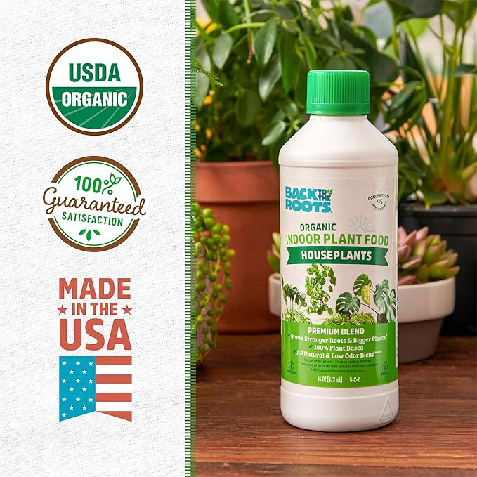 Back to the Roots Natural & Organic Indoor Plant Food (16oz Value Size - 95 Feeds!), Great for Houseplants, Low Odor, Vegan, Easy to Apply Liquid Formula