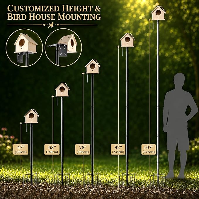107" Squirrel Proof Bird Feeder Pole with 9 Prongs Base & Squirrel Baffle | 107 Inch, Squirrel Baffle, 9 Prongs Base, 1 Inch Dia, Adjustable, Bird Birdbath, Feeding Tray