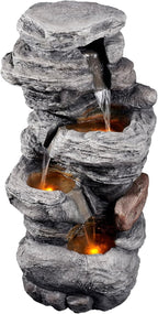 Teamson Home 39.37 in. Outdoor Faux Stacked Stone 4-Tier Water Fountain with LED Lights and Pump, Gray
