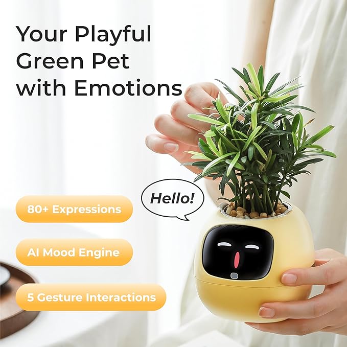 Smart Pet Planter, Smart Plant Pot, With Artificial Intelligence, Time Weather Display, And Multiple Expressions Animation,Lovely Plant Companion, For Desktop Decoration, Gifts,Plant-Free (Lemon)