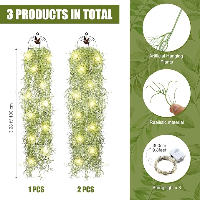 Mudder 3 Packs LED Artificial Hanging Plants, 3.6 ft Fake Hanging Plant, Ivy Vine Fake Leaves Greeny Chain Wall Home Room Garden Wedding Garland Outside Decor (Basket Not Included) (Vines Moss)