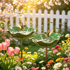 Metal Flower Garden Stakes Bird Bath, Decorative Outdoor Bird Feeder for Garden Yard Art, Handmade Rustproof Metal Flower Stakes for Attracting Birds Backyard Lawn Patio Decorations (Green-2pcs)