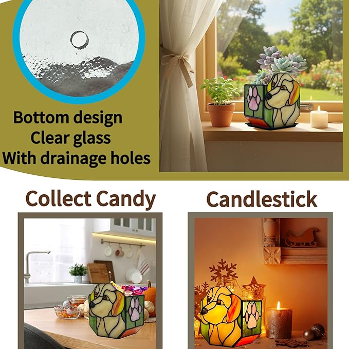 Handcrafted Stained Glass Dog Planter, Indoor Planters with Drainage and Tray, Small Pots for Succulents, Dog Memorial Gifts 4.6x3x5.15 in