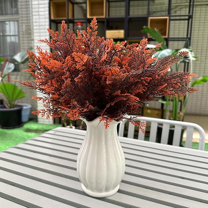 Artificial Ferns Plants, Fake Plastic Plant Faux Fern Leaves Shrubs Stems Realistic Boston Grass Decor for Outdoor Indoor Home Garden Party Office Wedding Christmas Decoration DIY Foliage Red 4 Pack