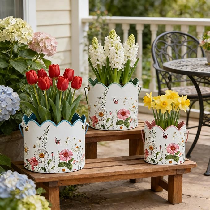 3-Piece Vintage Floral Metal Bucket Set, Scalloped Edge Multi-Size Planters for Flowers & Easter Egg Containers, Rustic Garden & Home Decor with Reinforced Metal Handles, Indoor & Covered Outdoor Use
