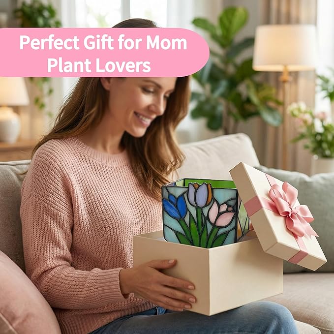 Handmade Stained Glass Tulip Planter,Tiffany Style Decorative Flower Pot for Indoor Plants,Vintage Floral Design Tabletop Plant Container, Ideal Gift for Plant Lovers and Gardeners