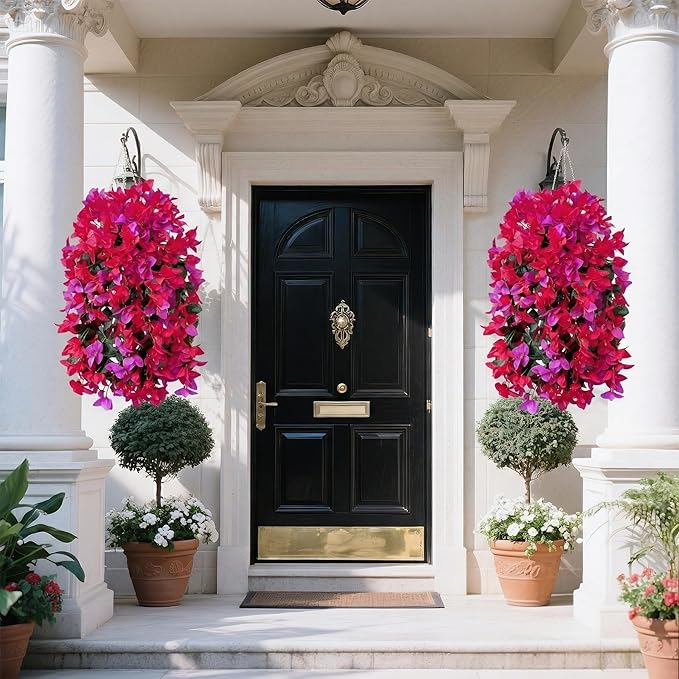 Artificial Flowers for Outdoors Fake Fuchsia Hot Pink Bougainvillea Hanging Flower Decoration, 2Pcs Realistic Faux Silk Plants Long Trailing Vines, Spring Decor for Porch Patio Balcony Planter Yard