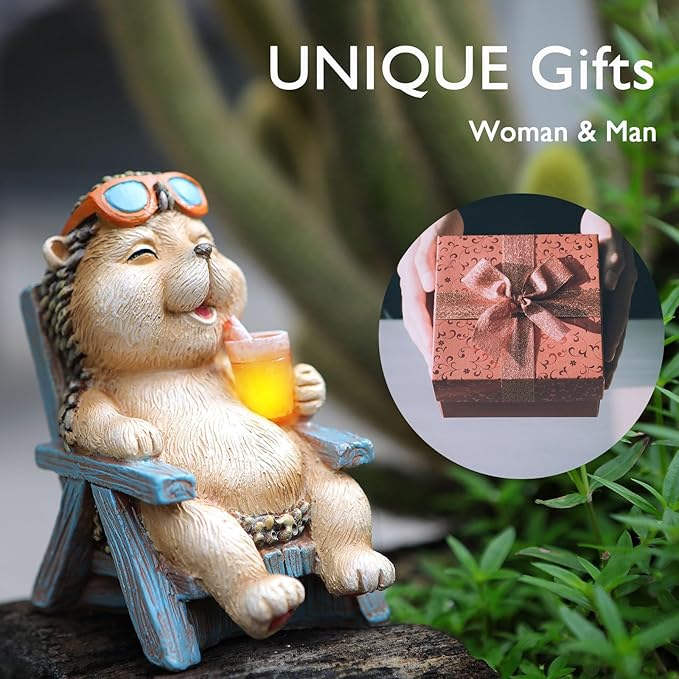 FOXMIS Hedgehog Statue Outdoor Solar Garden Decor for Outside Lawn Yard Patio, Home Office Valentine's Day Decorations Indoor Lights, Ideal Ornaments Birthday Gifts for Mom Women Grandma
