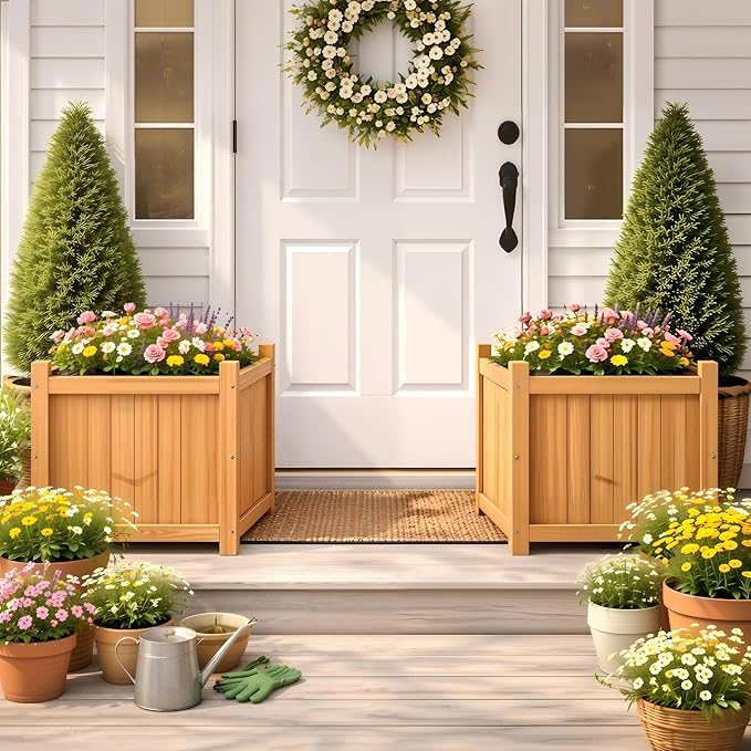 Set of 2 Fir Wood Square Planter Boxes, 18" Extra Large Outdoor Flower Box with Removable Drainage Base & Non-Woven Liner, Rustic Wooden Planters for Patio Garden Balcony, Wood Bucket Planter