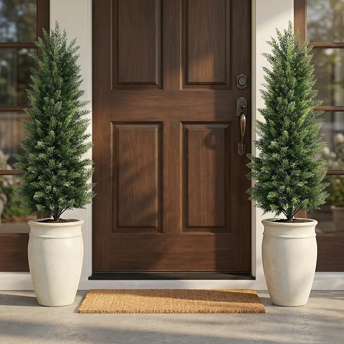 Joyooss Artificial Topiary Cedar Tree,4FT Faux Outdoor Plants Front Porch Decor 2 Set Evergreen Shrubs Fake Plant Artificial Bushes Cypress Trees with Flowerpot for Home Living Room Front Door Decor