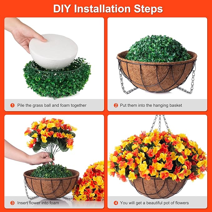 INXUGAO Artificial Hanging Flowers with 12" Basket for Outdoor Decor, Fake Hydrangea UV Resistant Arrangements in Pot Planter Decor for Spring Summer Porch Garden Yard(OrangeYellow)