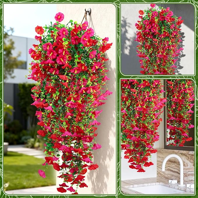4-Pack Fake Hanging Plants, Faux Hanging Plant Artificial Greenery for Living Room Bedroom Boho Wall Shelf Indoor Outdoor Decor (Light Purple Pink Morning Glory)