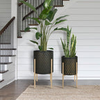 Oakrain Mid Century Planters for Indoor Plants, Set of 2, Modern Decorative Metal Pots for Living Room, Office, Garden or Balcony, Black&Golden Honeycomb, 10" &12"