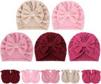 BQUBO Baby Turban Hats and Mittens Set Newborn Infant Hospital Hats Caps with Bows for Baby Boys Girls 0-12 Months