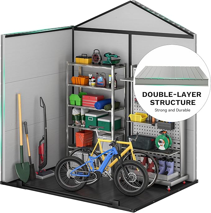 DWVO Outdoor Storage Shed 6x4.4 FT Plastic Garden Tool Shed with 2 Windows, Double-Wall Outside Shed for Lawn Mower, Garden Tool for Backyard, Lawn, Patio
