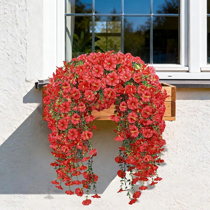 Artificial Hanging Flowers for Outdoors, 2 PCS 300 Blooms UV Resistant Morning Glory Faux Silk Vines, No-Odor Realistic Fake Plants for Garden Planter Porch Patio Decoration, Red