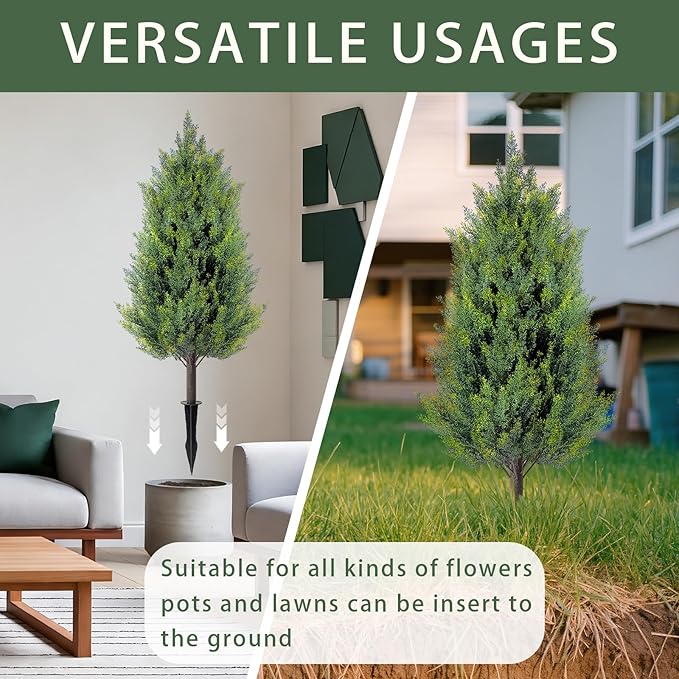 2 Pack 3FT Artificial Cedar Topiary Trees with Ground Spike, Realistic Fake Plants Tree UV Resistant Artificial Plants Indoor Outdoor Faux Plants Evergreen Bushes Shrubs for Porch Garden Office