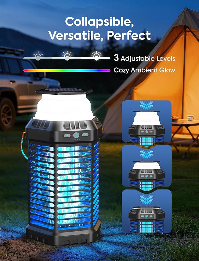 Solar Bug Zapper Outdoor – Ultra-Strong Fly & Mosquito Zapper, Solar-Powered Rechargeable Bug Zapper, Portable Cordless Insect Zapper, Foldable Adjustable Light, IP66 Waterproof (Carbon Black)
